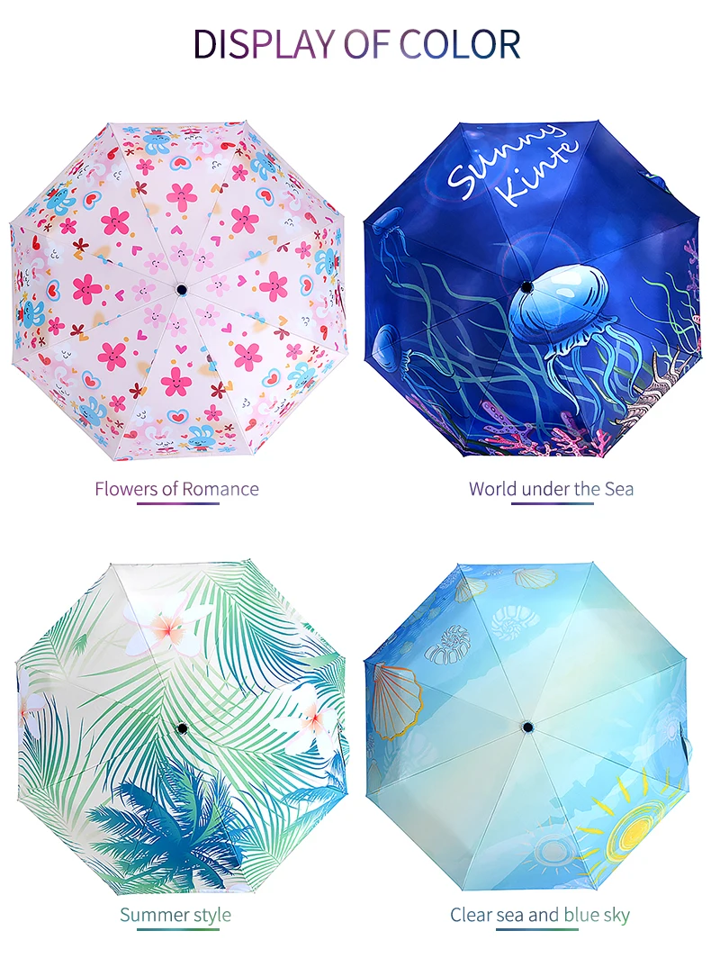 Rain season summer custom uv blocker travel umbrella uv protection sunscreen 3 fold umbrella automatic