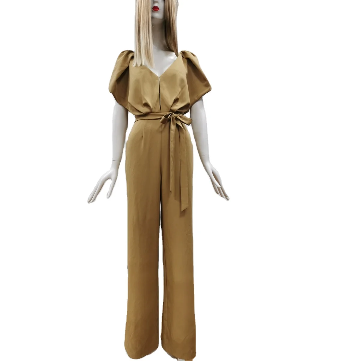 New arrivals customized fashion designer elegant jumpsuit  puff sleeve V neck viscose high quality jumpsuit for women