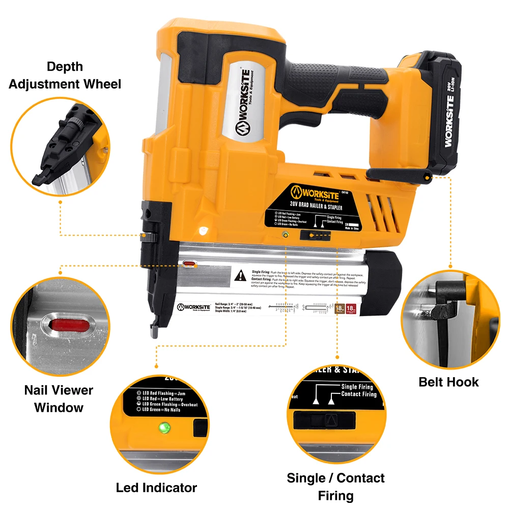 WORKSITE 2 In 1 Framing Nail Gun And Staple 20v Cordless 18 GA Nailer Battery Power Tool Nail Gun safety nailer