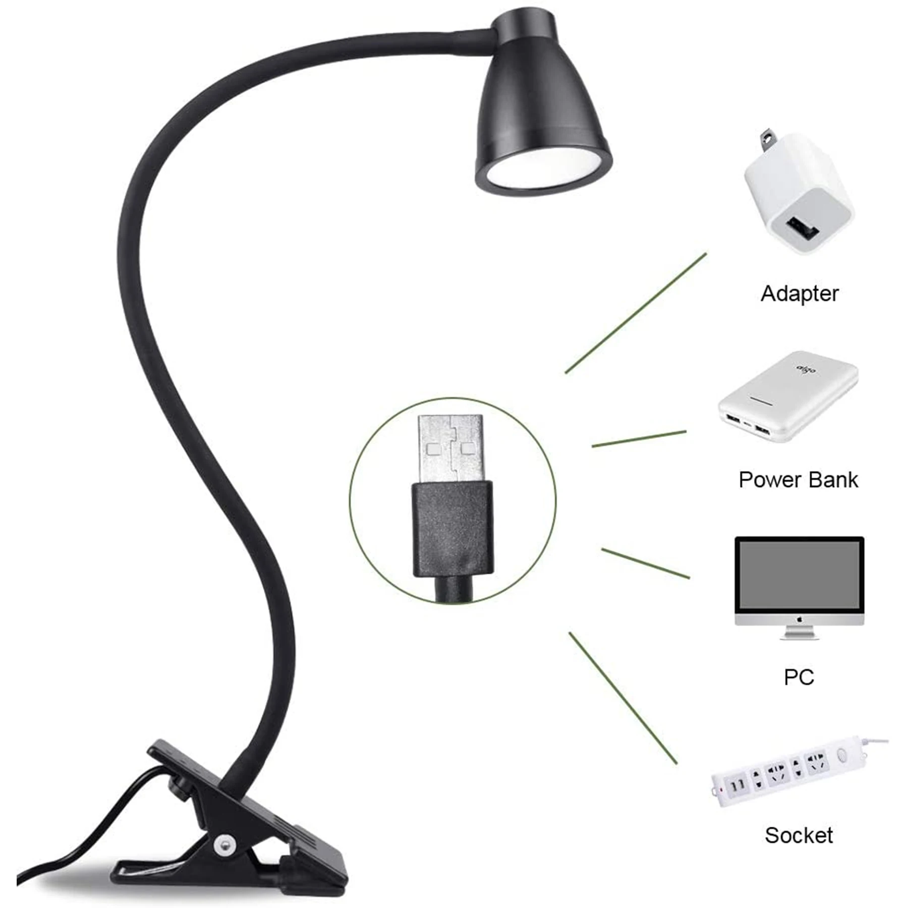 modern LED usb charging clip dimmable Flexible Adjustable Gooseneck Night Reading light clamp rechargeable Study desk Table lamp