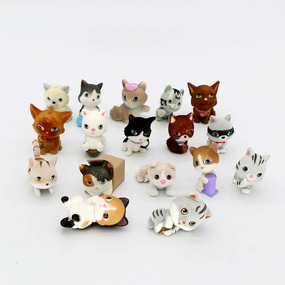 OEM 3d Plastic Cat Action Figure Flocked Toy Cute Animal Soft Plastic Flocking Figurine