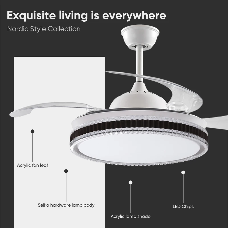 36/42 inches Silent Remote 25/40w Parlor Luxurious Noble Crystal Ceiling Fan Light