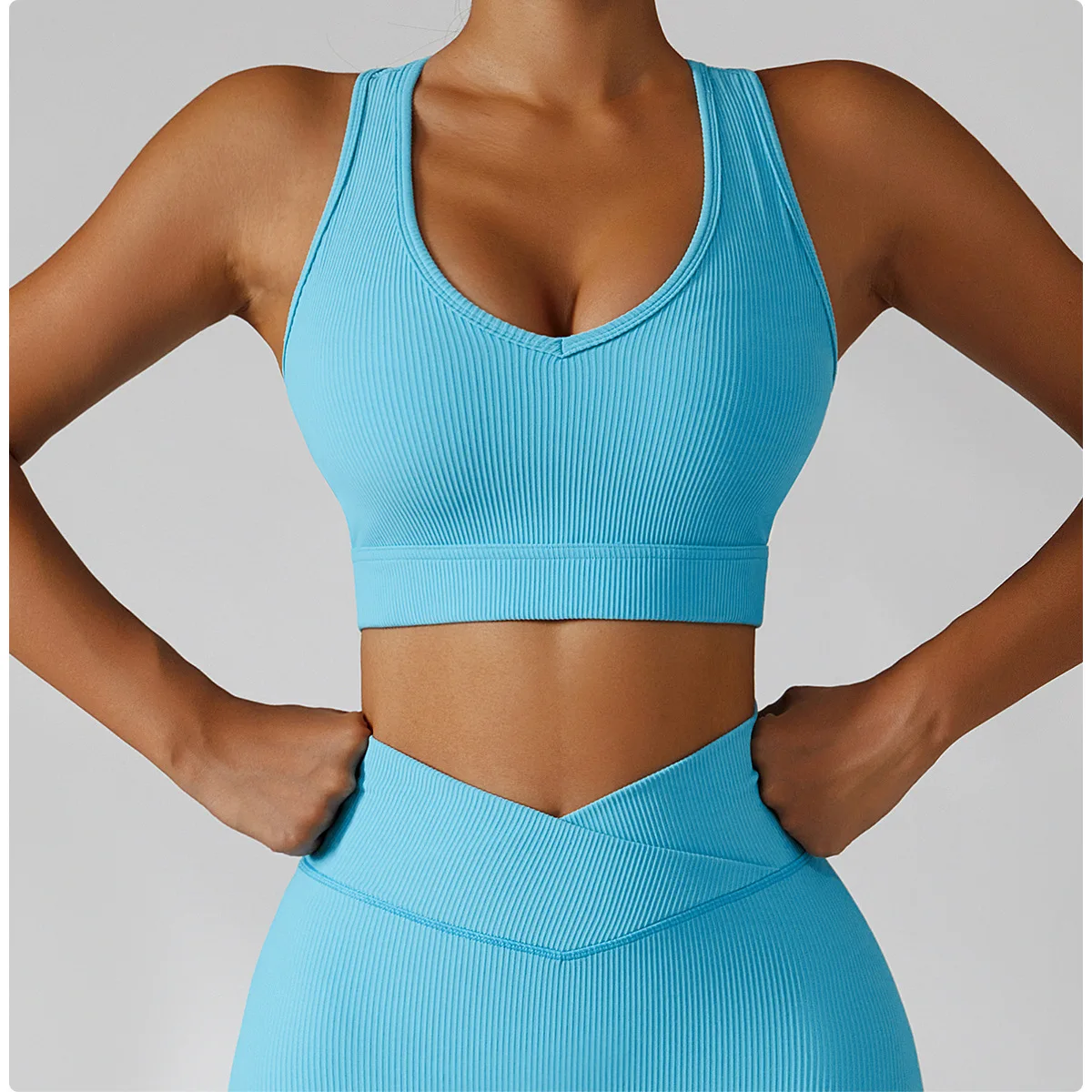 Fitness Yoga Leggings Set For Women V Neck Supportive Sports Bra 2 Pieces Gym Wear Scrunch Butt Yoga Pants Suit