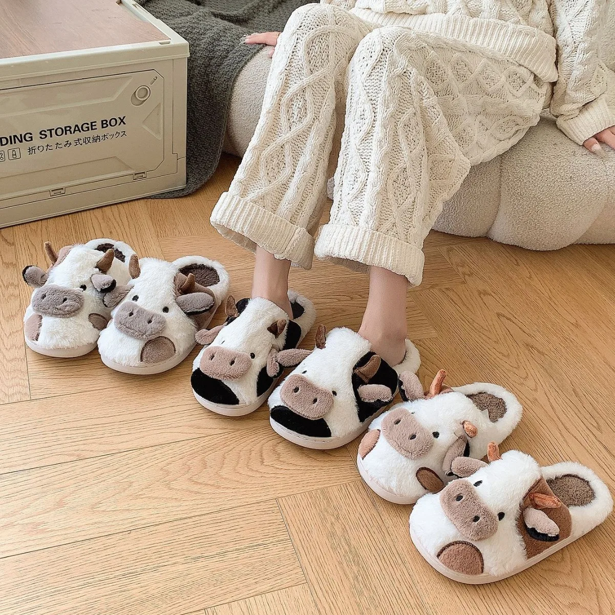 Cartoon Cow Animal Plush Slippers Kids Custom Plush Milk Cow Slippers Indoor Cow Animal Plush Slippers