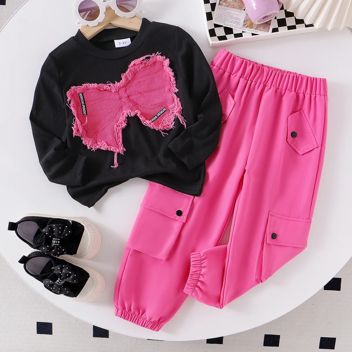 Hot sale European and American autumn and winter fashion girls butterfly patch top + overalls trousers two-piece set