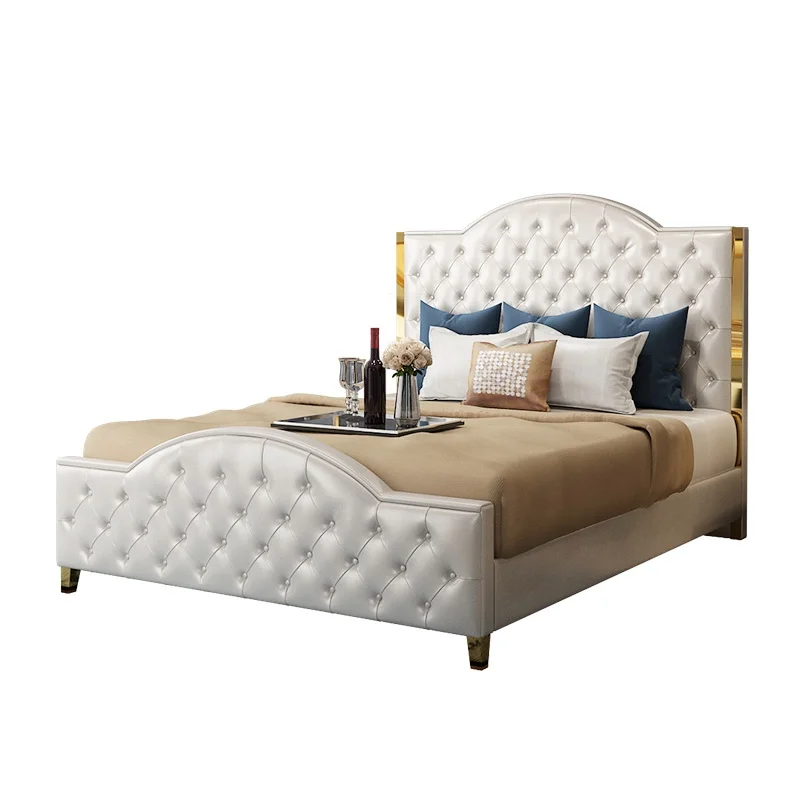 The latest bedroom furniture design modern simple style stainless steel solid wood frame leather bed