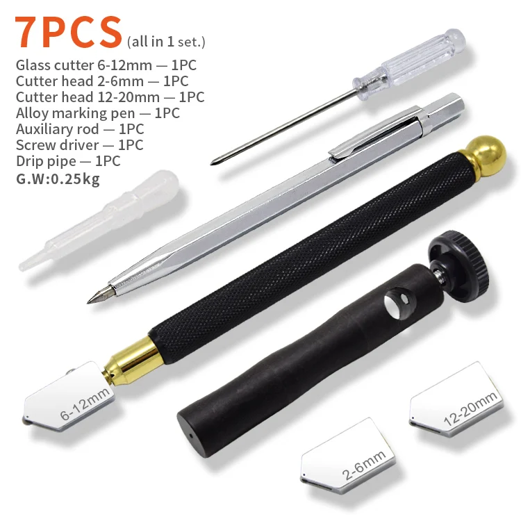 Glass cutter hand tools oil filled glass tile cutting diamond handle glass cutter Straight rod 7 piece set