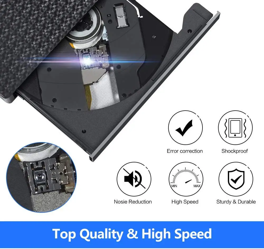 
Raycue External DVD CD Player CD-RW Burner and Reader with USB 3.0 and Type C 5 Workdays CE FCC SGS 12 Months Tray Load 03.00232 