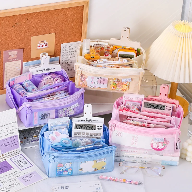 Big mouth large capacity zipper fabric pencil case zipper pouch money bag Multi-layer neat stitch pen packaging bags