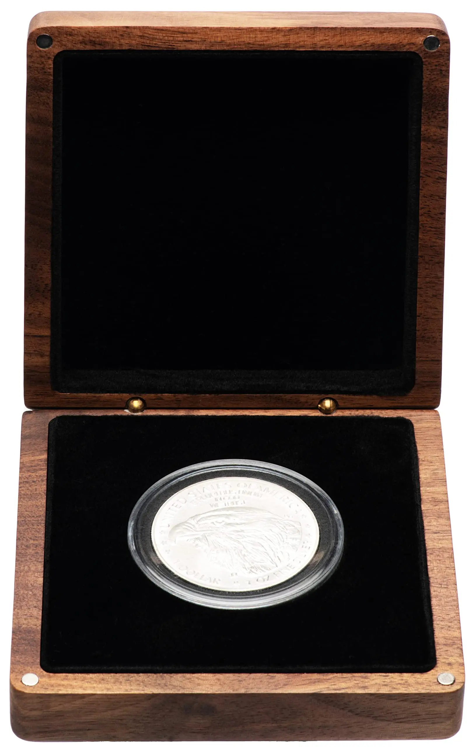 Single Walnut Wood Challenge Coin Presentation Display Gift Box Storage Case and Plastic Coin Capsules