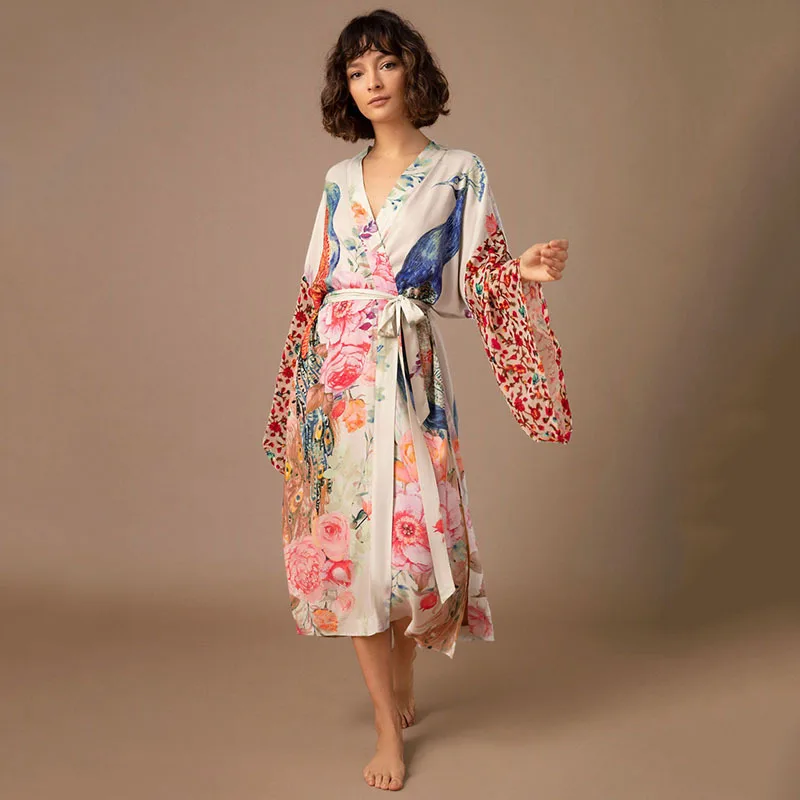 Custom beach dress cover ups for women Peacock pattern print robe de plage summer Sexy loose cardigan kimono bikinis swimwear