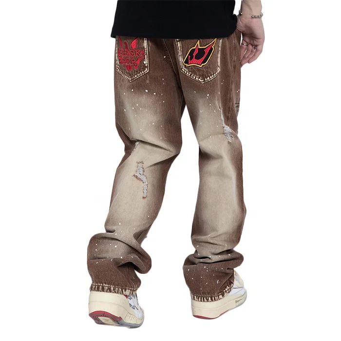 Finch Garment mens retro jeans wholesale custom embroidery wash distressed ripped denim stacked jeans