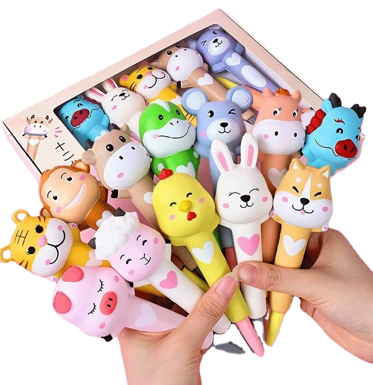 FW41 Kawaii/оптовая продажа ручка-антистресс милые 12 животных мягкие ручки, игрушка для снятия стресса из искусственной кожи мягкие школьные принадлежности Ароматические гелевые ручки для детей