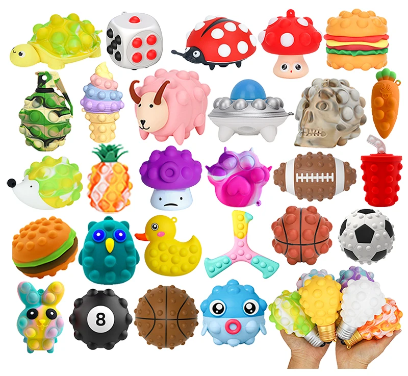 Factory Sale New 3D Fidget Ball Toy Mushroom Duck Turtle Burger Rabbit Football Dice owl Ice Cream Silicone Pops Ball for Kids