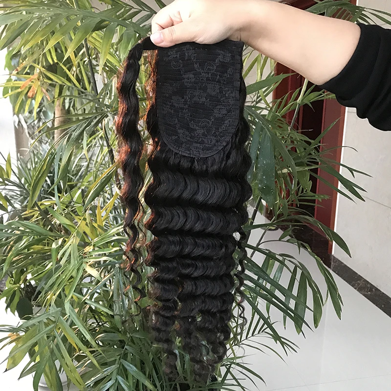 hot selling grade 10a brazilian human hair wrap ponytail hairpiece,cuticle aligned virgin wrap deep wave ponytail