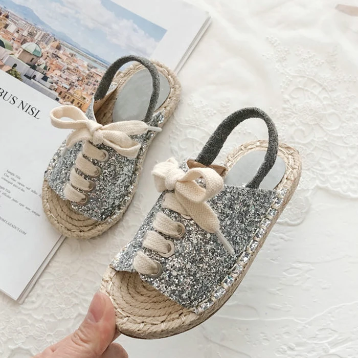 silver sparkling glitter leather beach custom made kids summer shoes slides