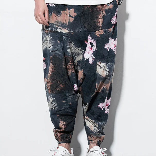 Pants Men Casual  hip hop Streetwear Cotton Linen Printing Patchwork Long Cargo Pants