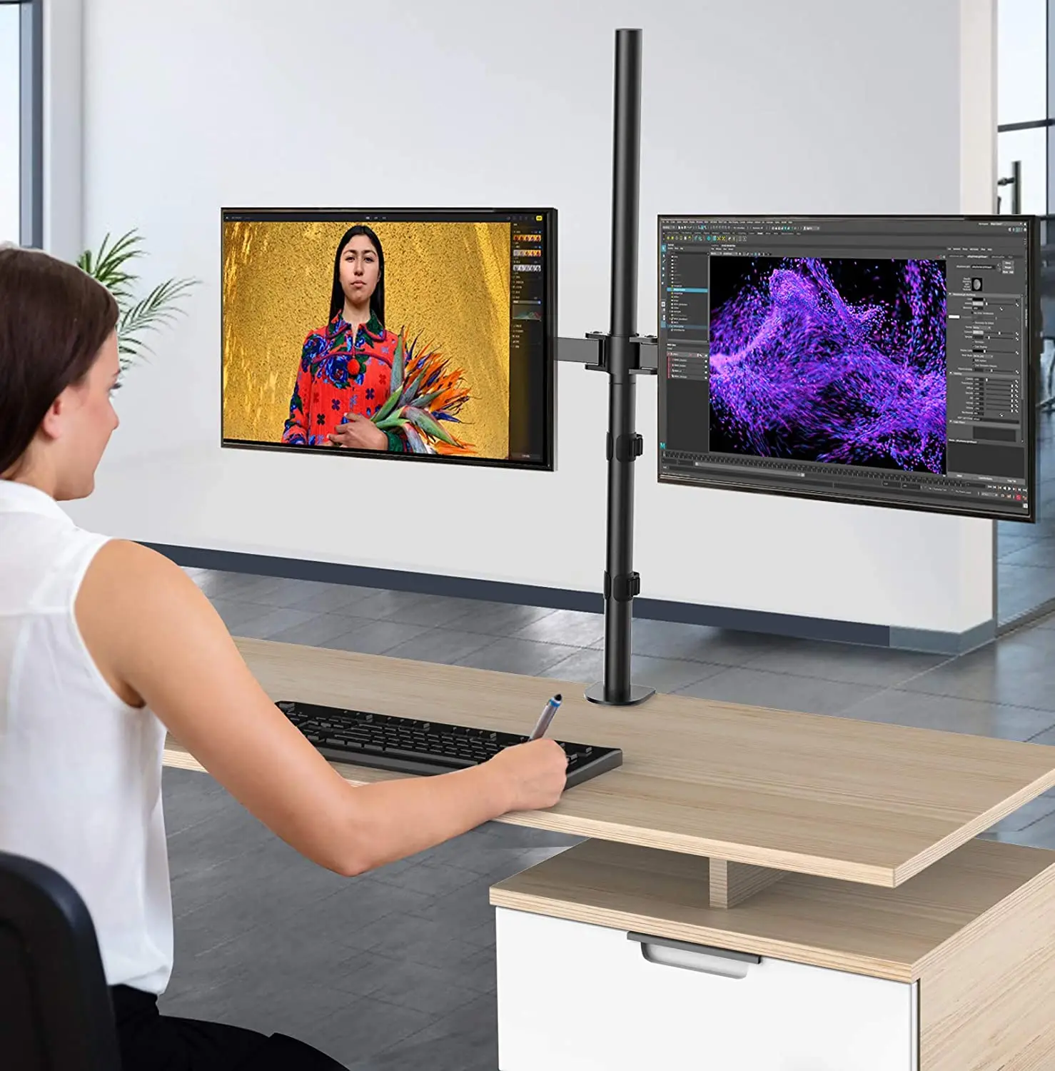 MG Extra Tall Dual Monitor Stand Up Desk Mount Extra Tall 32 inch Pole Fully Adjustable Stand for up to 27 inch Screens