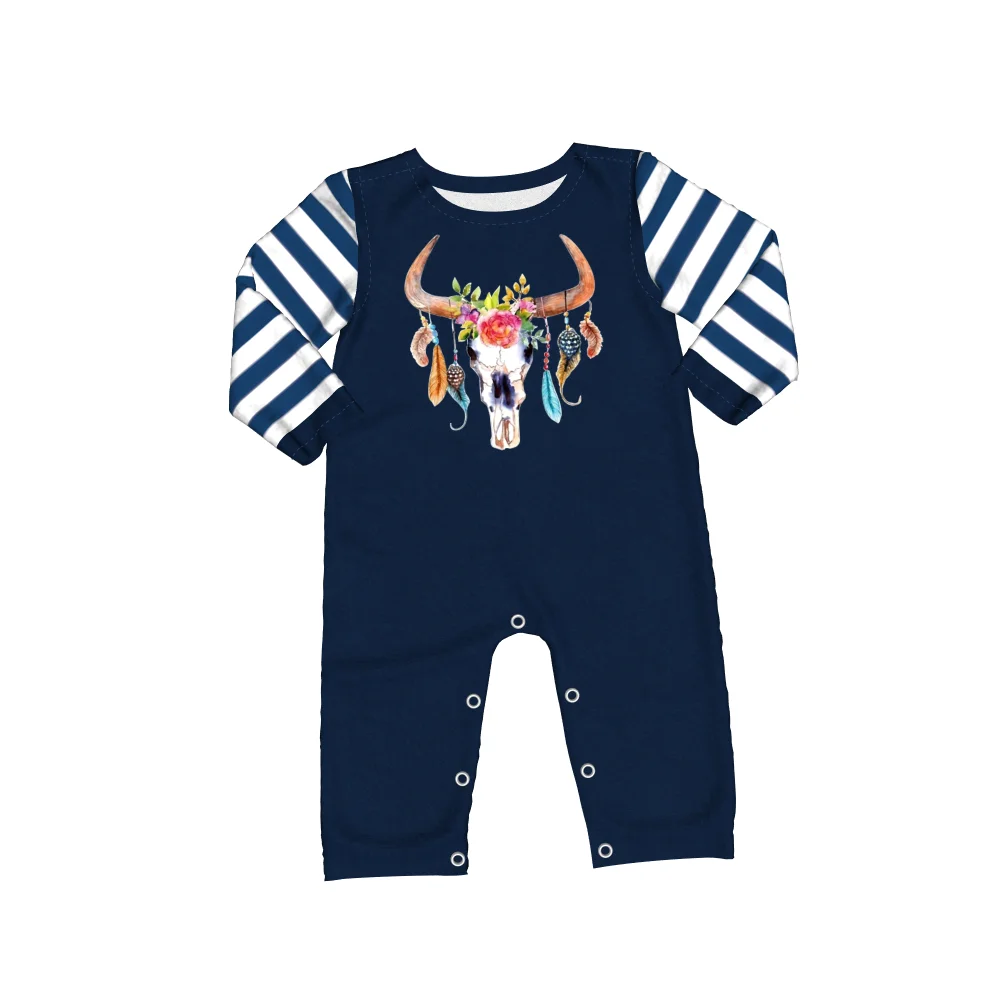 
Navy color full length sleeve cow skull printed baby boys romper custom design kids boutique romper 