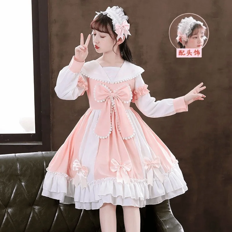 Lolita Princess Dress Kawaii Long Sleeves Sweet Girl Chiffon Fancy Dress with Bow Blue