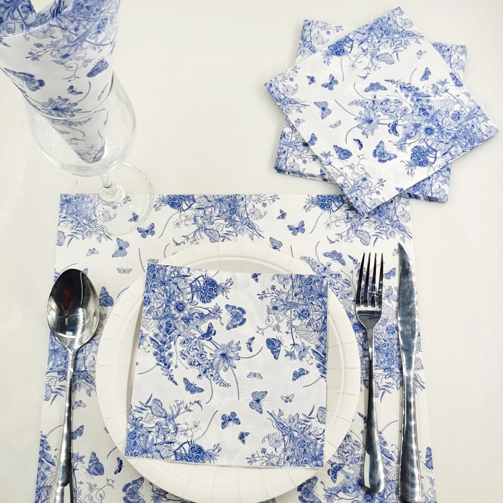 Wholesale printed tissue paper disposable napkins 33*33 CM blue butterfly pattern paper napkin high grad table napkin