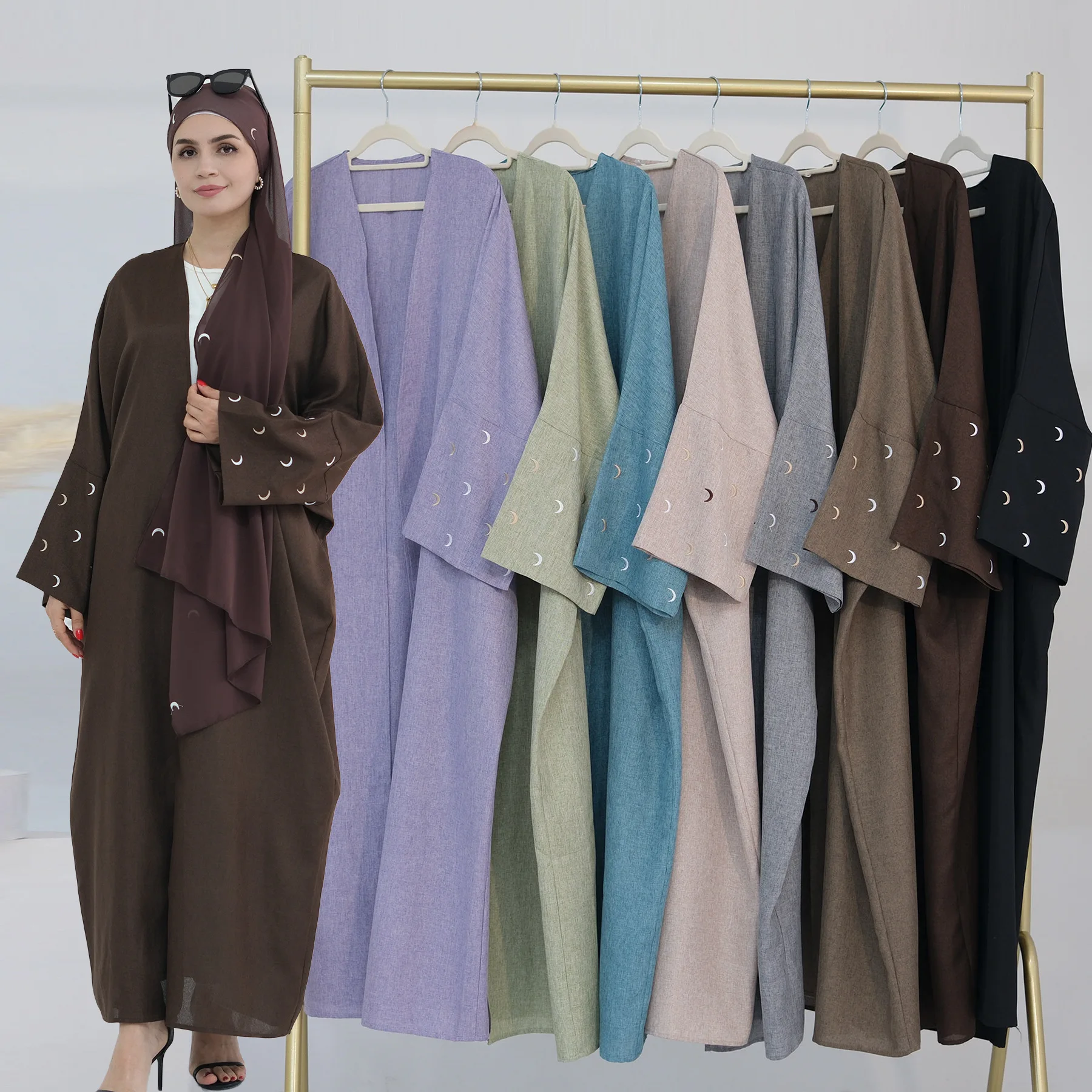 Modest Islamic Clothing Abaya Women Kimono Cardigan Muslim Dresses Robes Moon Embroidery Turkey  EID Linen Viscose Abaya
