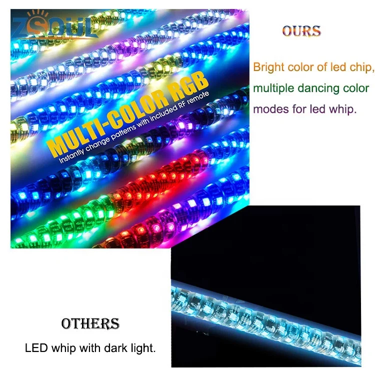 3FT 4FT 5FT Spiral LED Whip Antenna Flag Light Dream Chasing Color By Remote And APP Sync Control LED Whip For ATV UTV