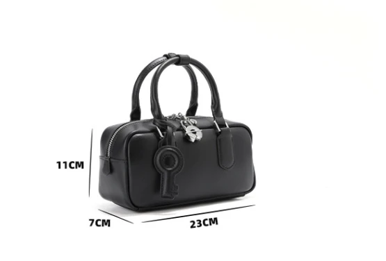 2024 New Niche Black Genuine Leather Tote Handbag for Women Small Portable with Cotton Lining and Two Handles Lady Style
