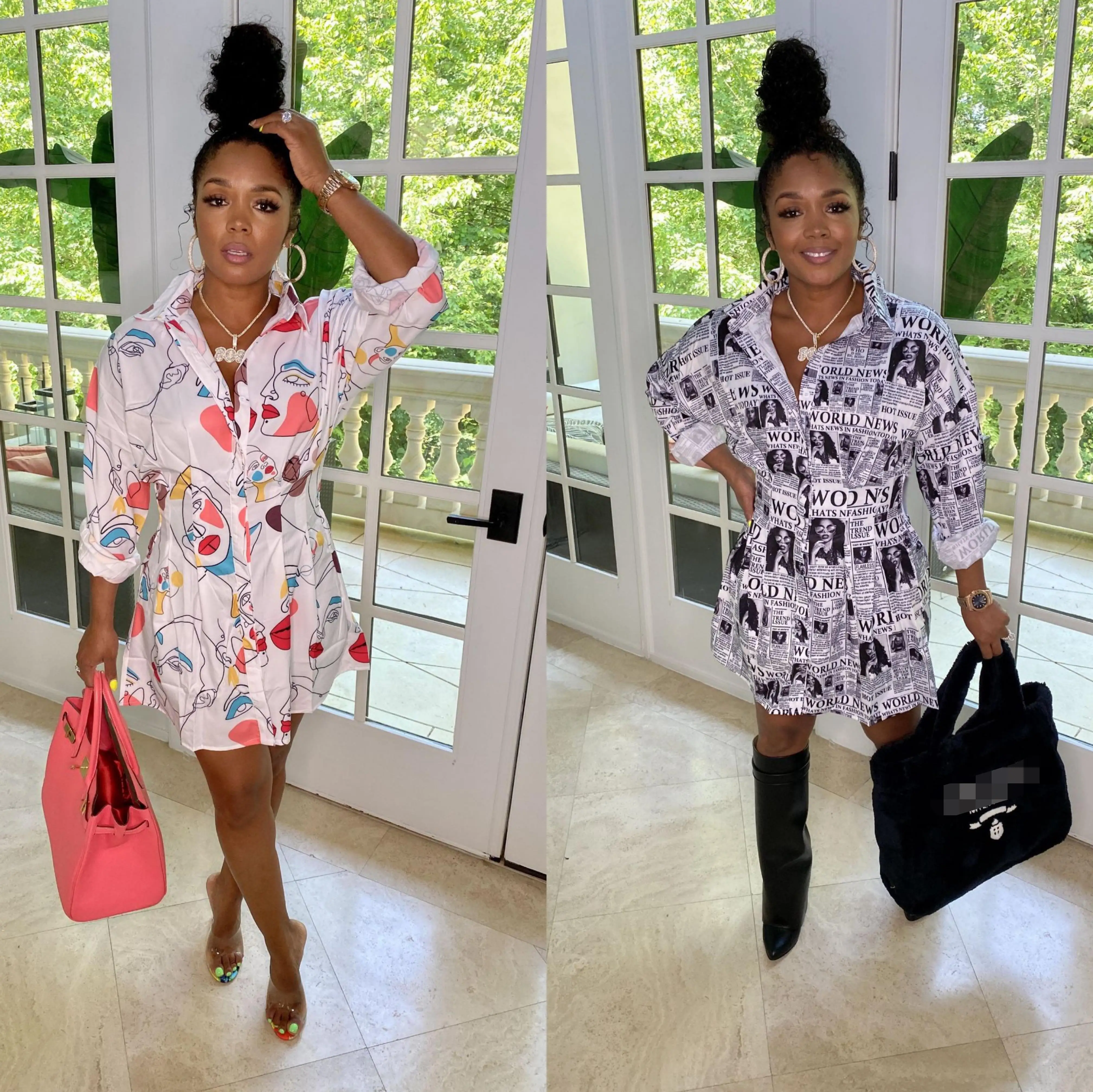 High Quality 2022 Ladies Blouses Fall Clothing White Newspaper Shirts Dress for Women Corset Blouses