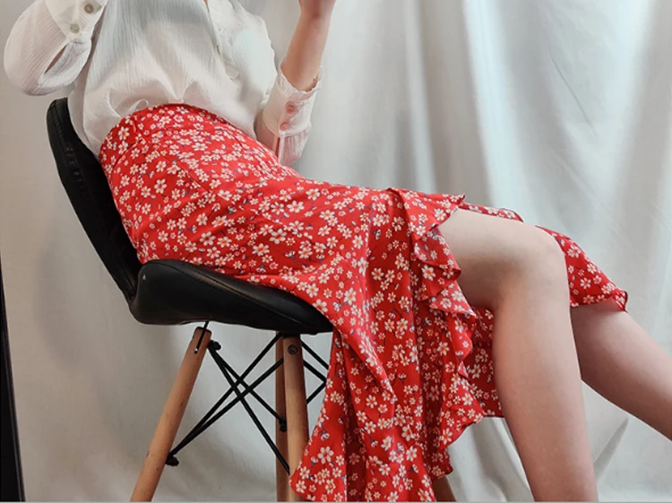 Printed Irregular Vintage Fishtail Women'S Silk Skirts With Slit Midi