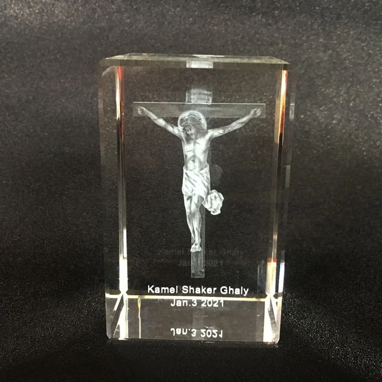 Custom Jesus Cross Glass Block 3D Inner Laser Engraved Crystal Cube For Church Souvenirs Gifts