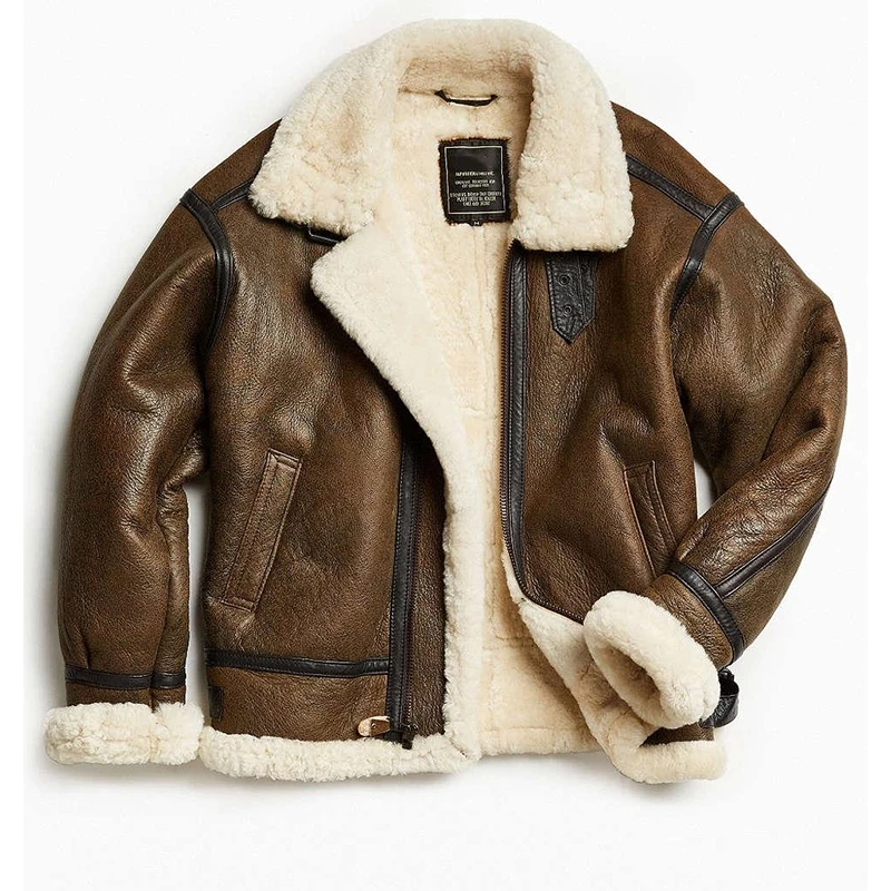 Vintage B3 pilot shearling leather jacket aviator flight fur winter bomber sheepskin jacket for men