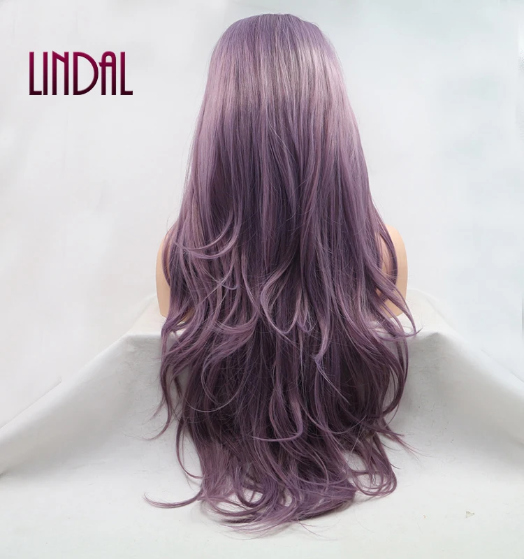 LINDALHAIR Long Wavy Synthetic Lace Front Wig Glueless Purple High Temperature Heat Resistant Fiber Hair Wigs For Women