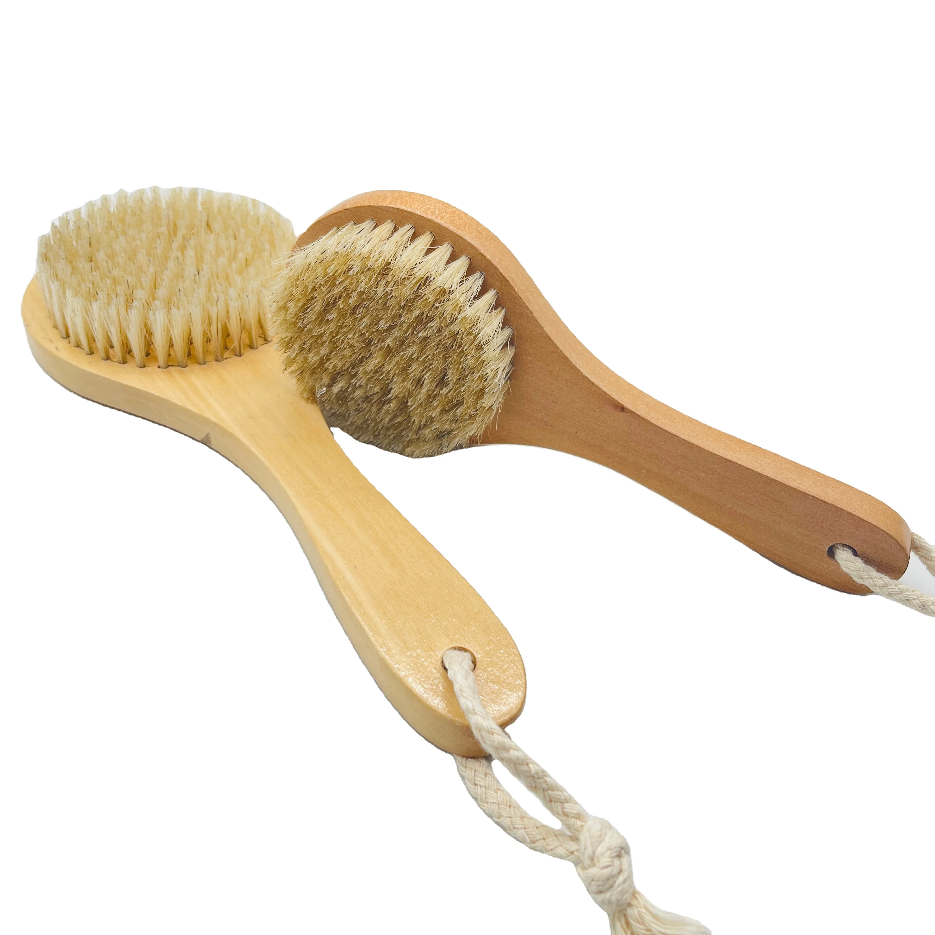 Hot selling long handle wooden Exfoliating spa bath body brush round dry body scrub brush with boar bristles