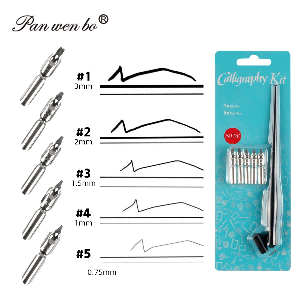 Panwenbo Plastic Handle Drawing Tip Pen Set Calligraphy Dip Brushes with 5 Replaceable Nibs