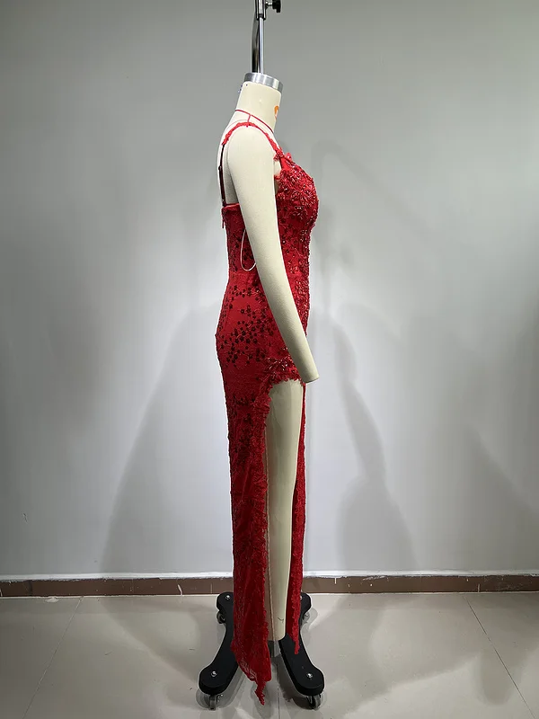 A8678 Latest Fashion Style Suspenders Red Lace Evening Dresses Sleeveless High Split Party Dresses Women Maix Dress