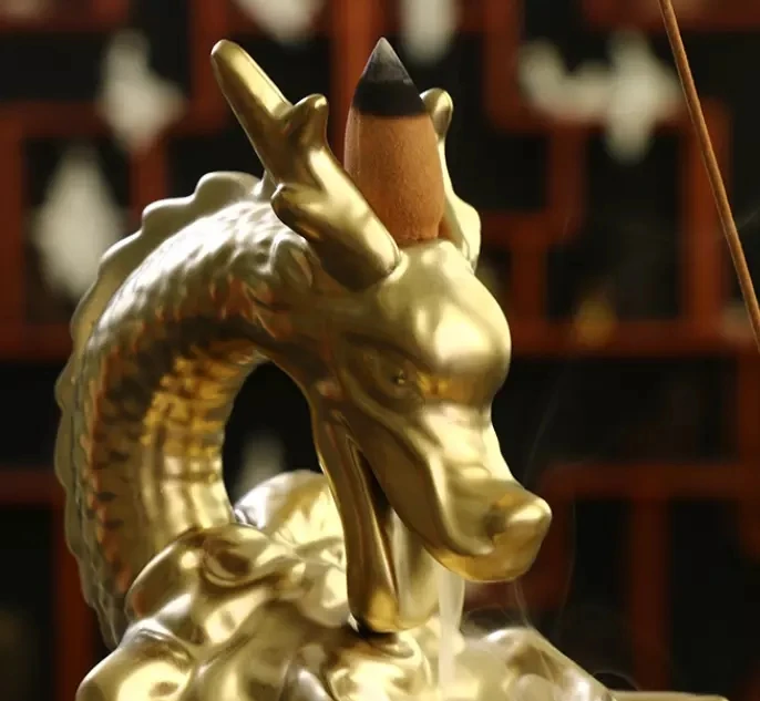 2021 custom chinese gold dragon incense holder porcelain smoke backflow incense stick burner