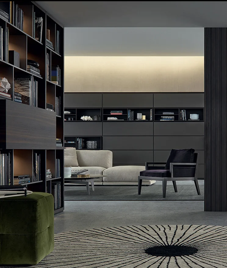 Luxury TV Cabinet Background Wall Bookcase MDF Living Room Storage Cabinet Sink PVC Door Finish Lacquer Acrylic Hinge Faucet