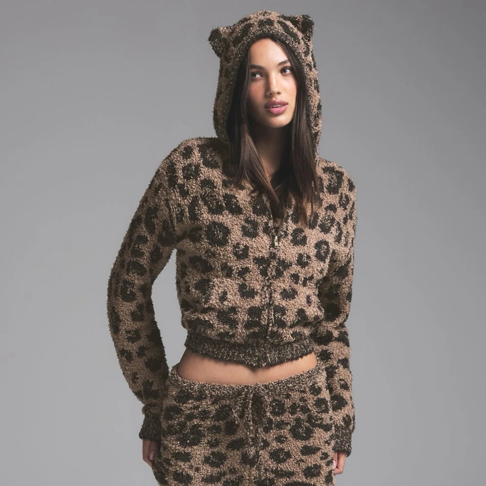 Christmas Leopard Print Home Wear for Women With Cat Ears, Sexy Furry Short Coat, Versatile Casual Long-sleeved Coat