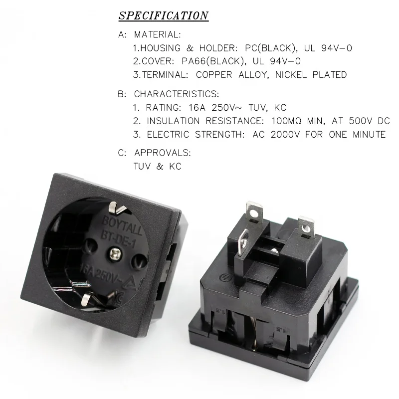45*45 16A 250V European 3 PIN AC outlet wall power socket adapter plug connector with certification