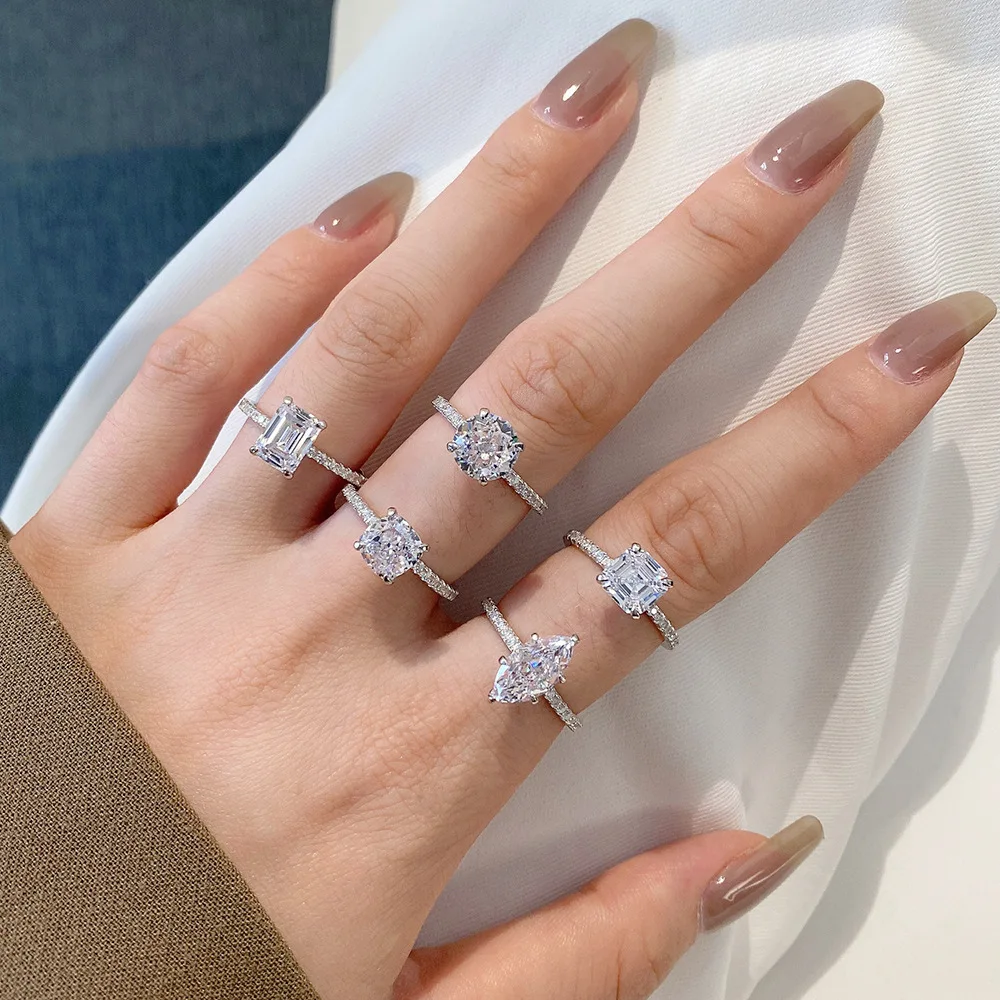 925 Sterling Silver Cushion Marquise Emerald Shape 5A 8A Cubic Zirconia Gemstone Women Solitaire Diamond Engagement Ring