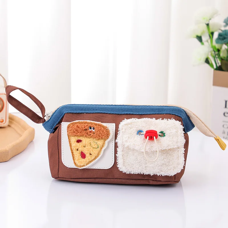 Large Capacity Cute Teddy Bear Adorable Kawaii Oxford Fabric Pencil Case with Hamburger Sticker Japanese Design