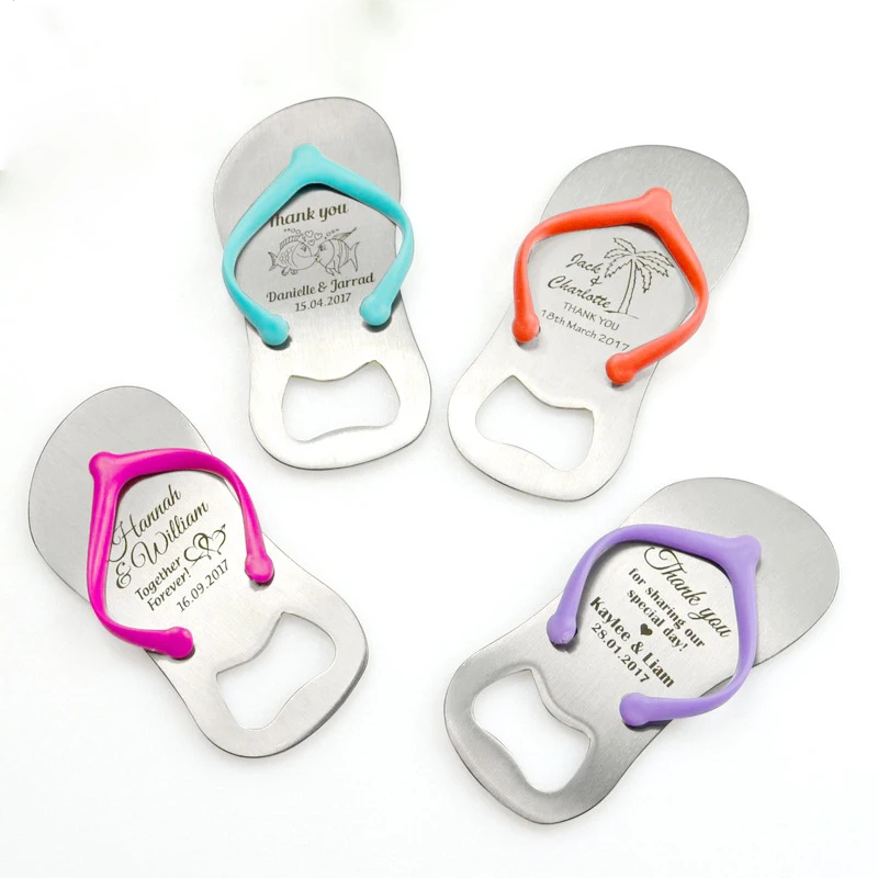 
Personalized Wedding Favors Flip Flop Beer Bottle Opener Slipper Beer Opener Print Names + White Organza Bag 