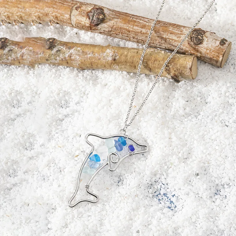 4 Colors Cascade Beach Sea Glass Beads Environmental Butterfly Dolphin Stone Floating Sea Glass Beach Pendant Necklace