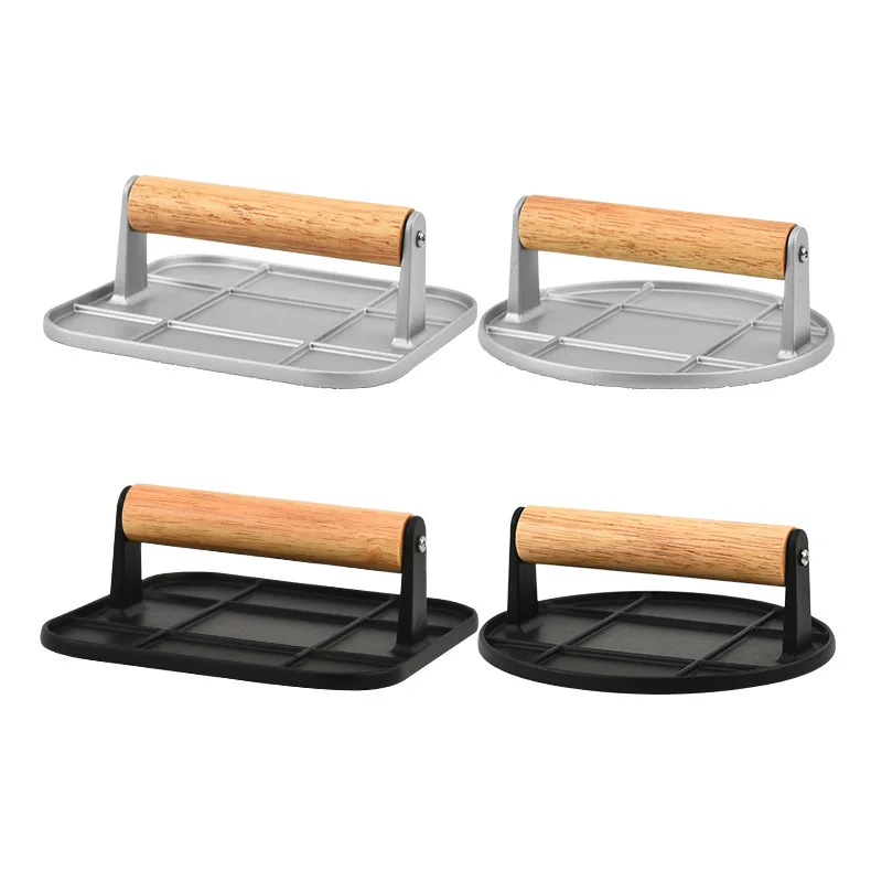 Hot Selling Kitchen BBQ Tool Non Stick Aluminum Alloy Hand Meat Burger Press with Wooden Handle for Home Kitchen BBQ