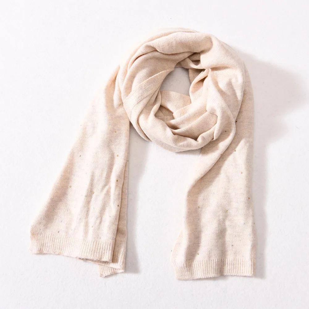Winter Wholesale New Style Pure Color Shawls Shiny Rhinestone Design High Quality Cashmere Custom Long Scarf Knit