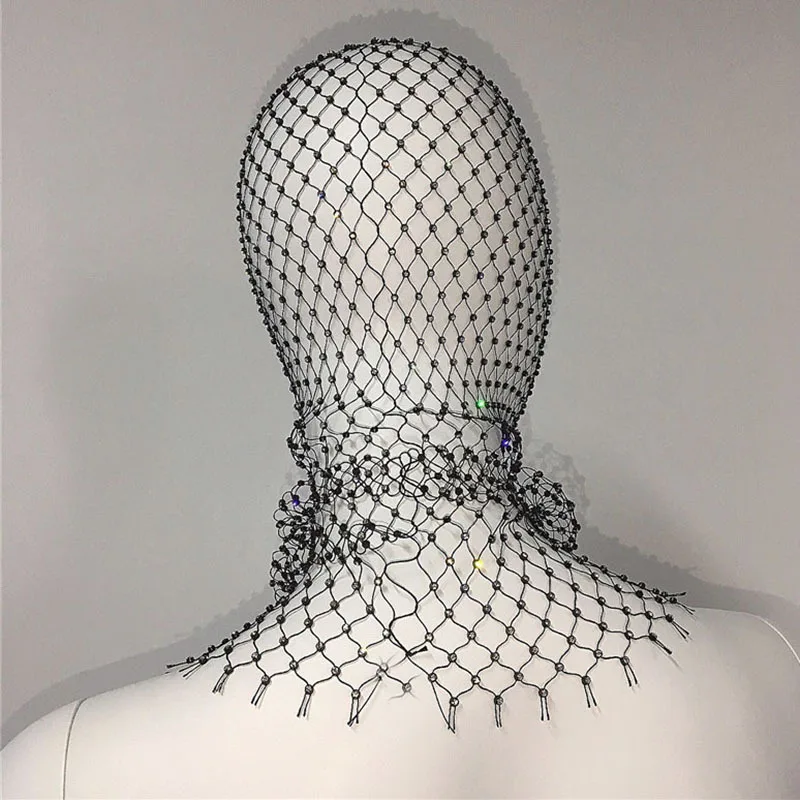 HZM-24140 Halloween Crystal Mesh Chain Hat Rhinestone Glitter Turban Breathable Headwear for Women