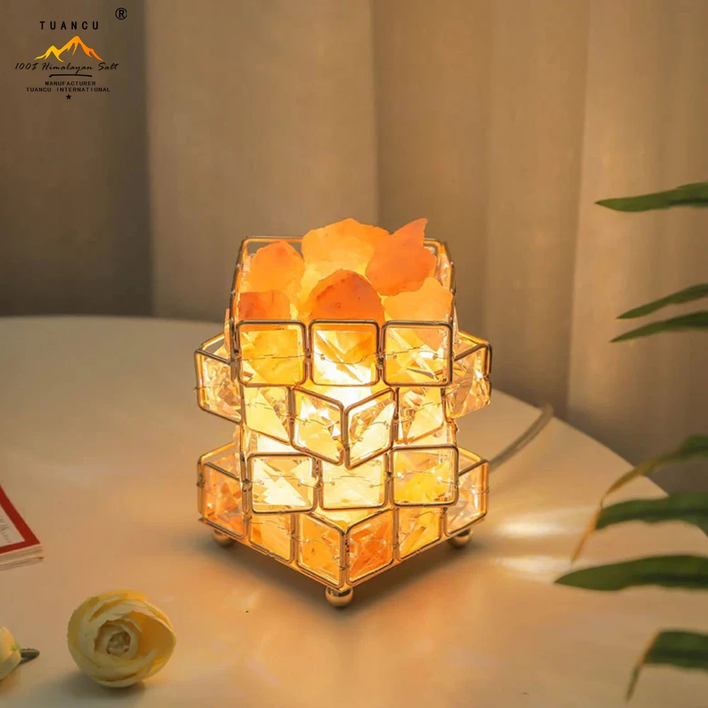 New Design Crystal Square Magic Cube Metal Mineral Table Light Natural Switch Living Room LED Salt Stone Lamp