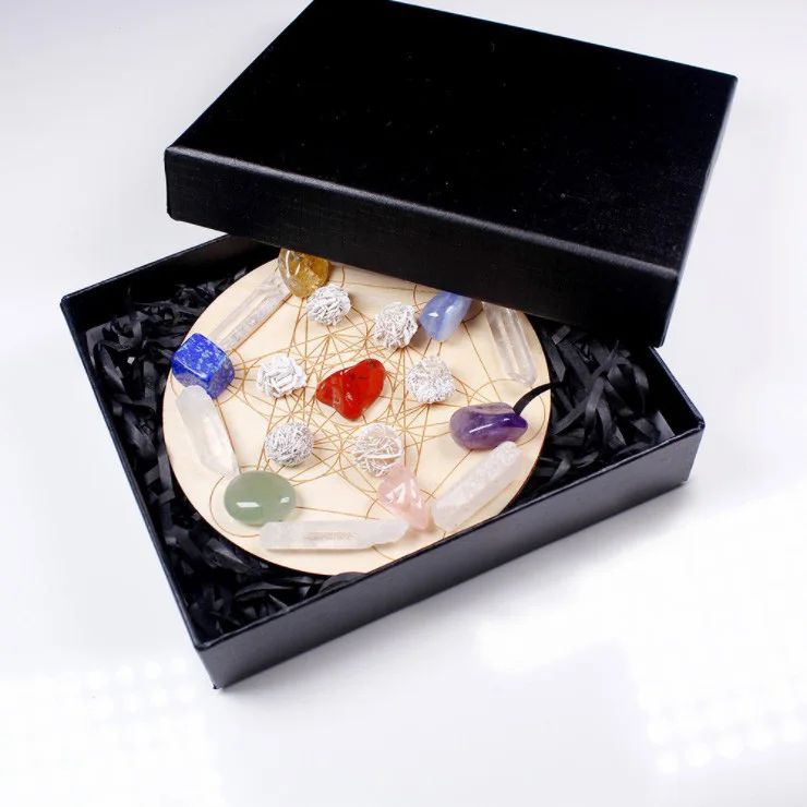 
Sacred Geometry Grid Meditation Natural Healing Reiki Chakra Crystal Mini Crystal Grid Set with Wood Board Fengshui Gift Decor 