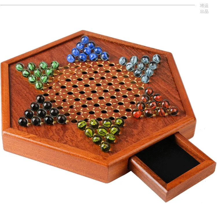 Premium Large Wooden Hexagon Drawer Checkers Set with Glass or Acrylic Pieces